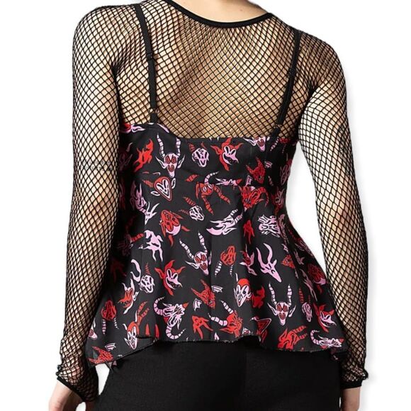 Sleeveless Black Pink Red Devil Print Front Envelope Tie Top by Killstar - NEW - Picture 2 of 3